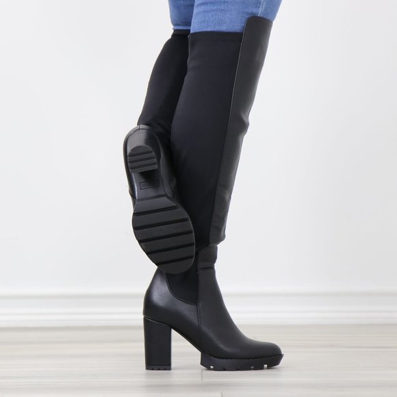 Black Faux Leather Round Toe Thigh High Over The Knee Lug Block Heel Boots - Picture 7 of 15